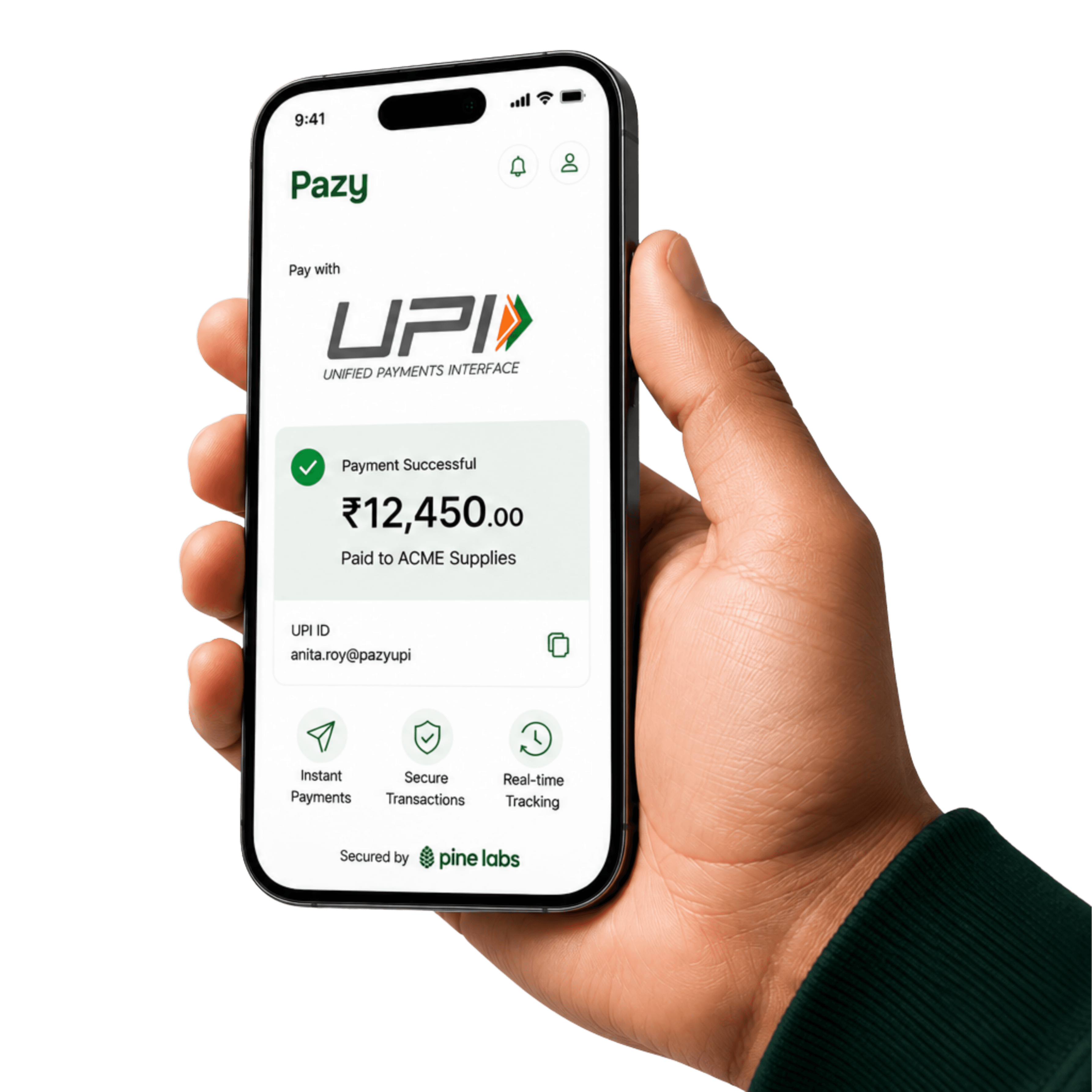 A successful Pazy UPI payment of ₹12,450 to a vendor, secured by Pine Labs